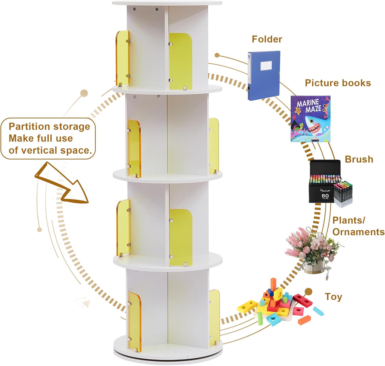 VECELO Rotating Bookshelf with Acrylic Display Window Partition - VECELO