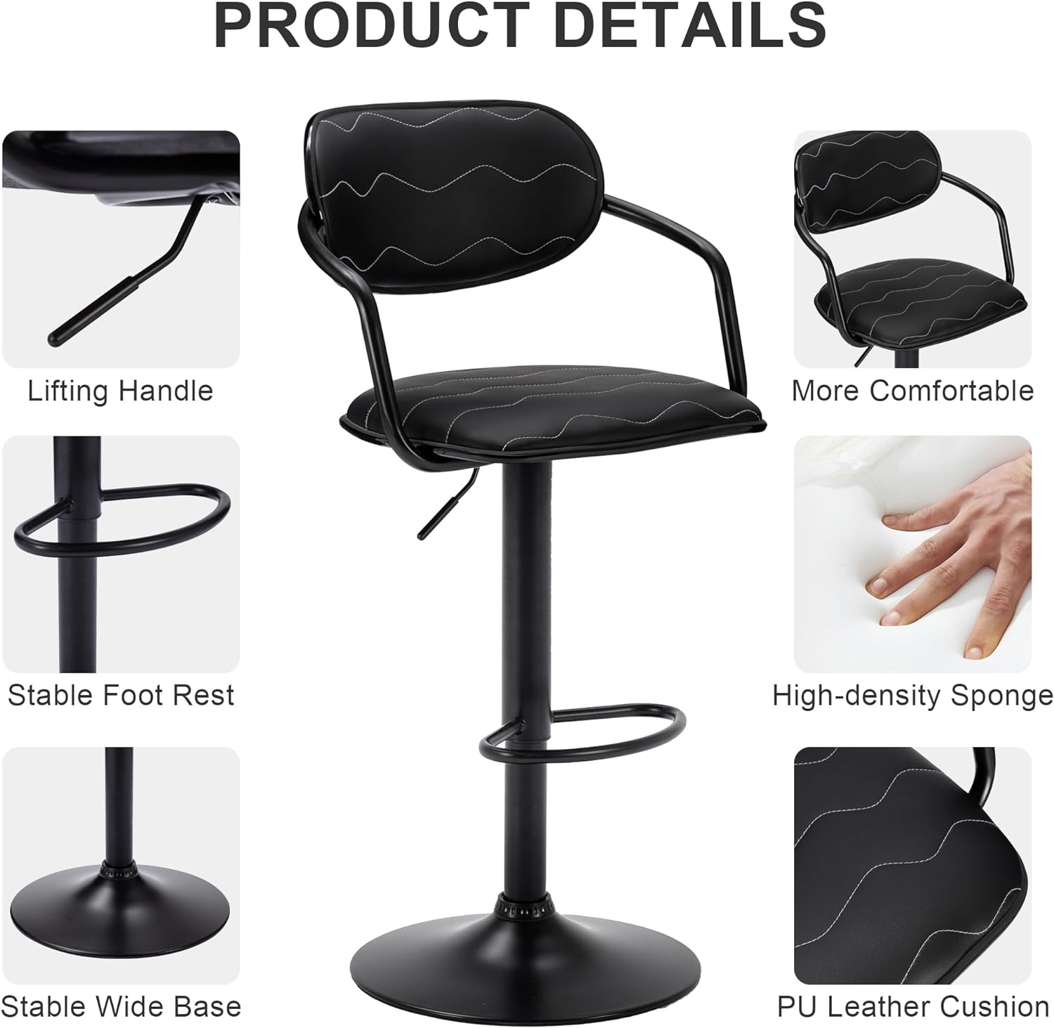 VECELO Bar Stools Set of 2, Adjustable Counter Height Barstools with Back and Arm - VECELO