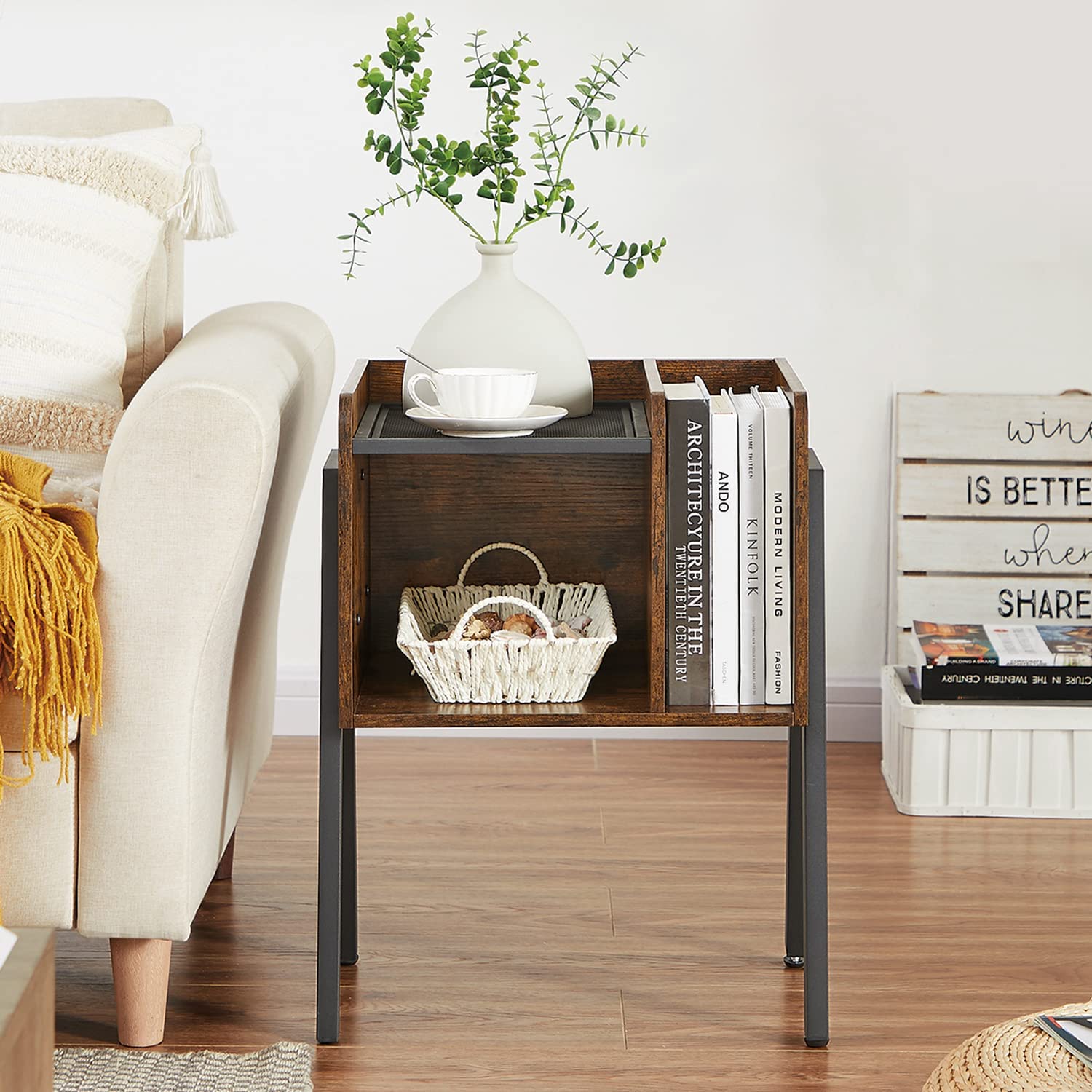 VECELO Industrial Side End Table/Nightstand Stackable Accent Furniture with 2-Tier Open Storage Compartments - VECELO