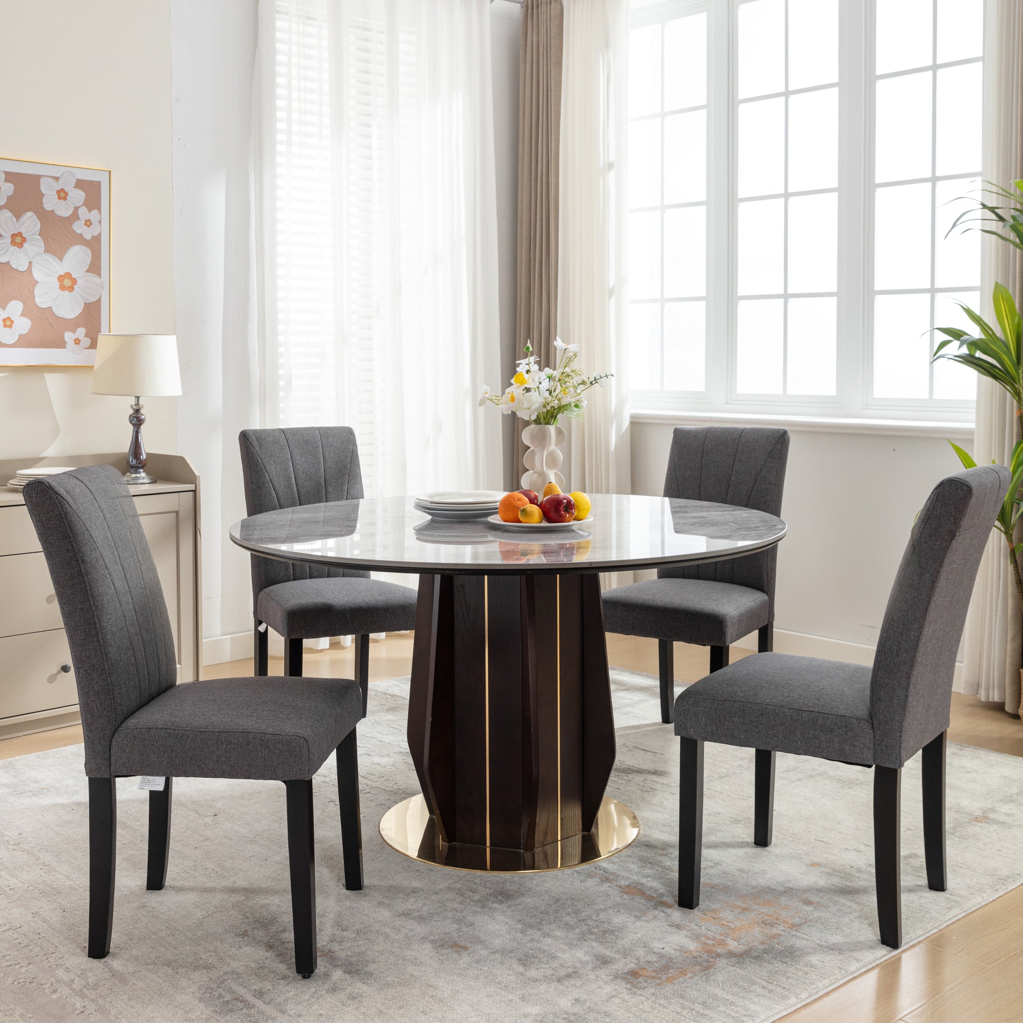 VECELO Set of 2 Upholstered Dining Chairs, Modern Fabric and Solid Wood Legs & High Back - VECELO
