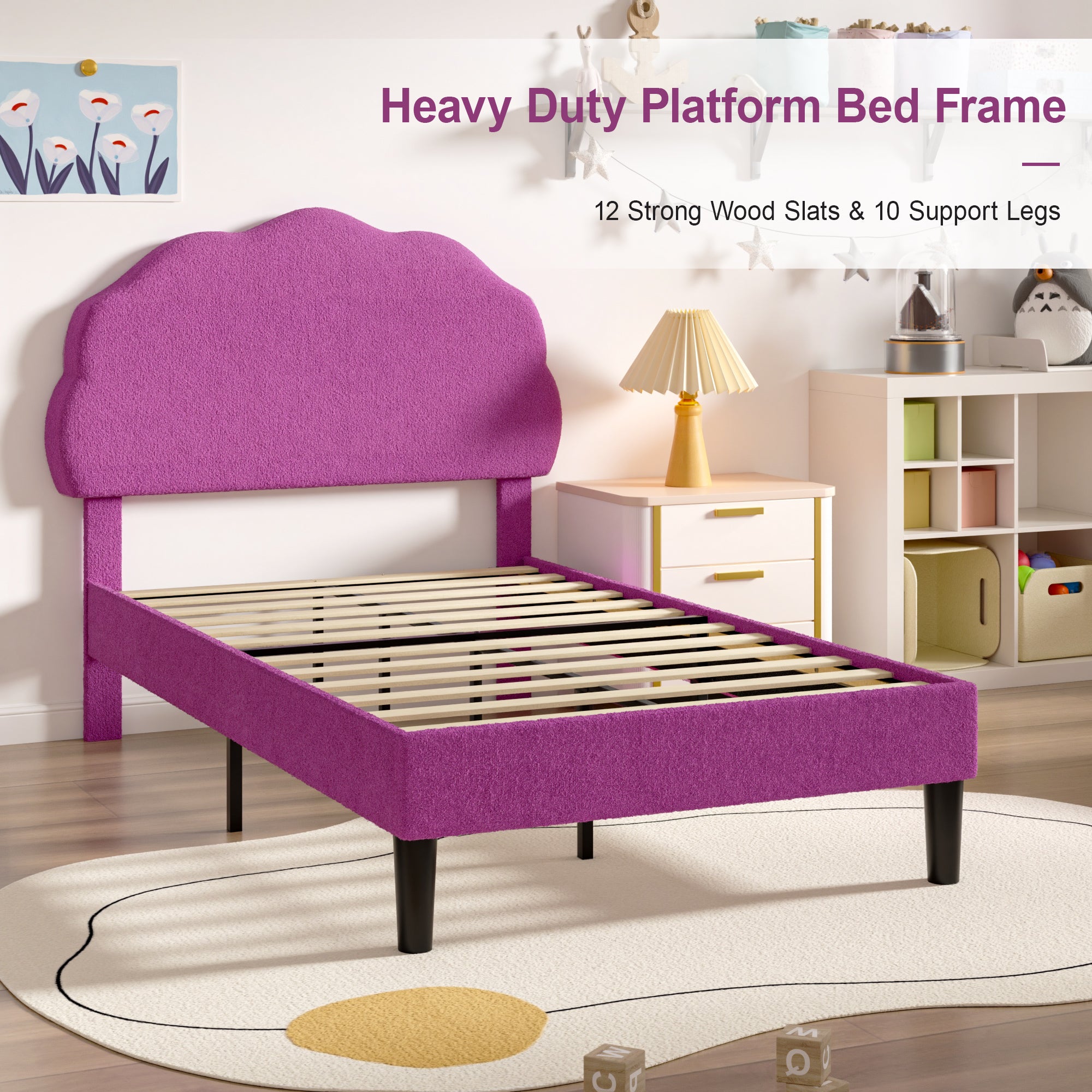 VECELO Twin Size Bed Frame, Upholstered Platform Bedframe with Height Adjustable Plush Fabric Headboard