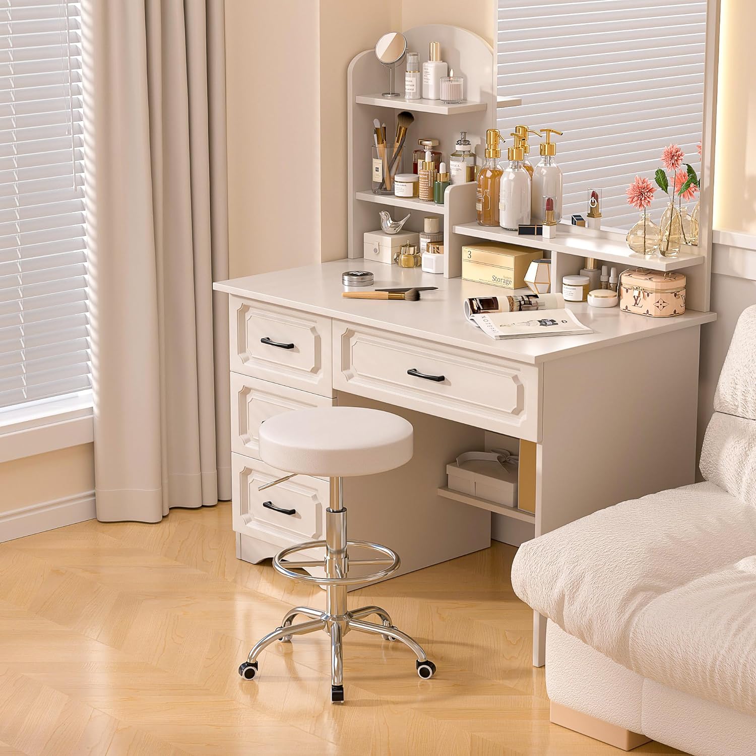 VECELO Round Rolling Stool with Footrest and Wheels - VECELO