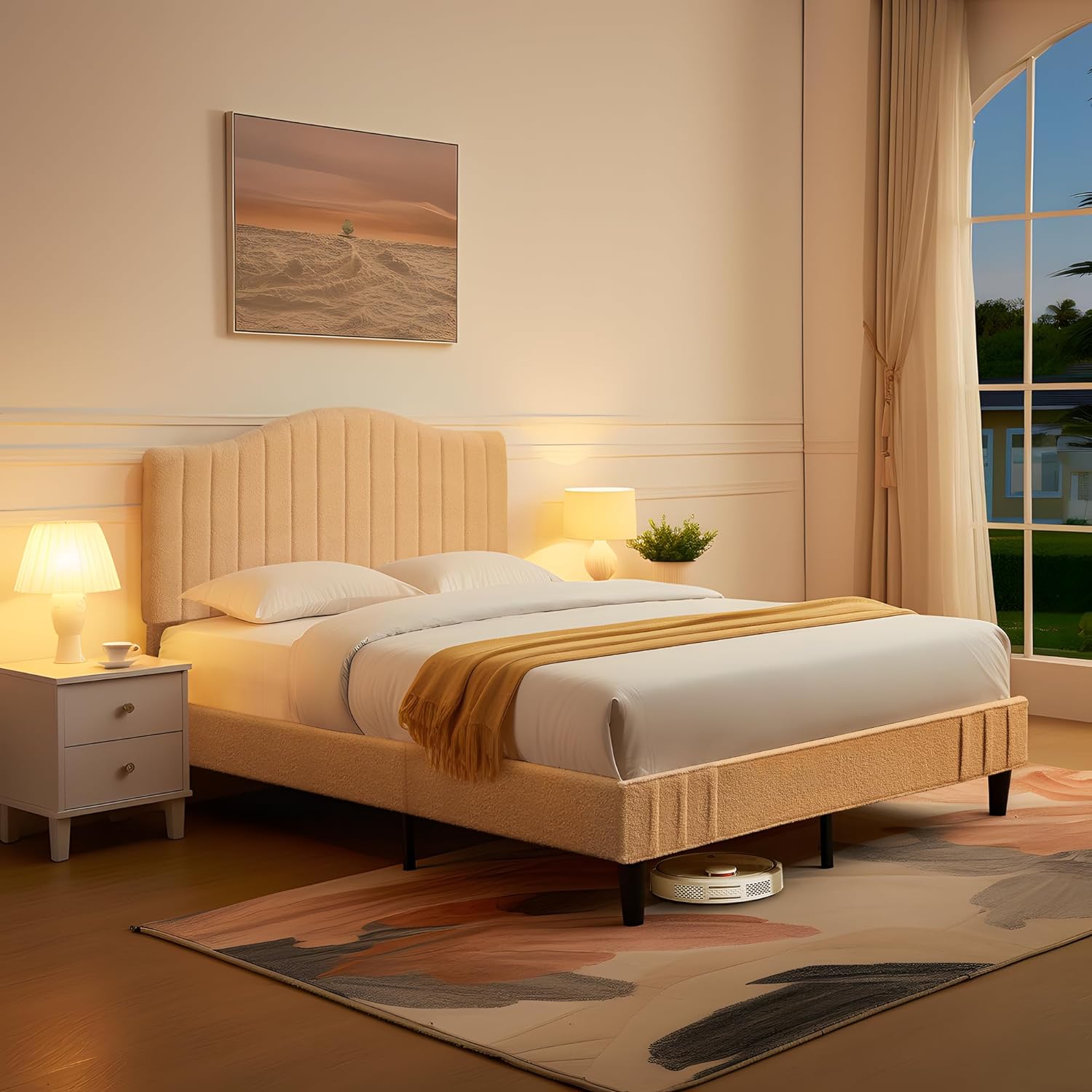 VECELO Upholstered Platform Bed Frame with Sheepskin Fabric Adjustable Headboard/Strong Wood Slats Supports - VECELO
