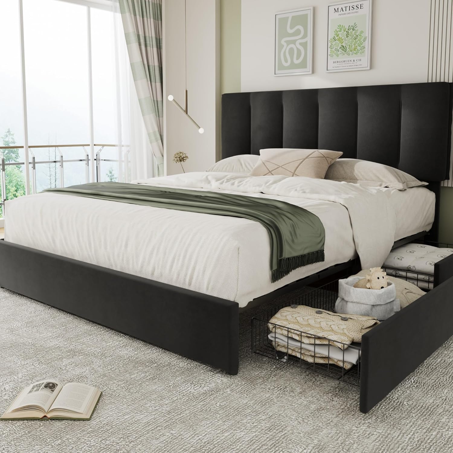 VECELO Upholstered Bed Frame with 4 Storage Drawers and Adjustable Velvet Headboard - VECELO