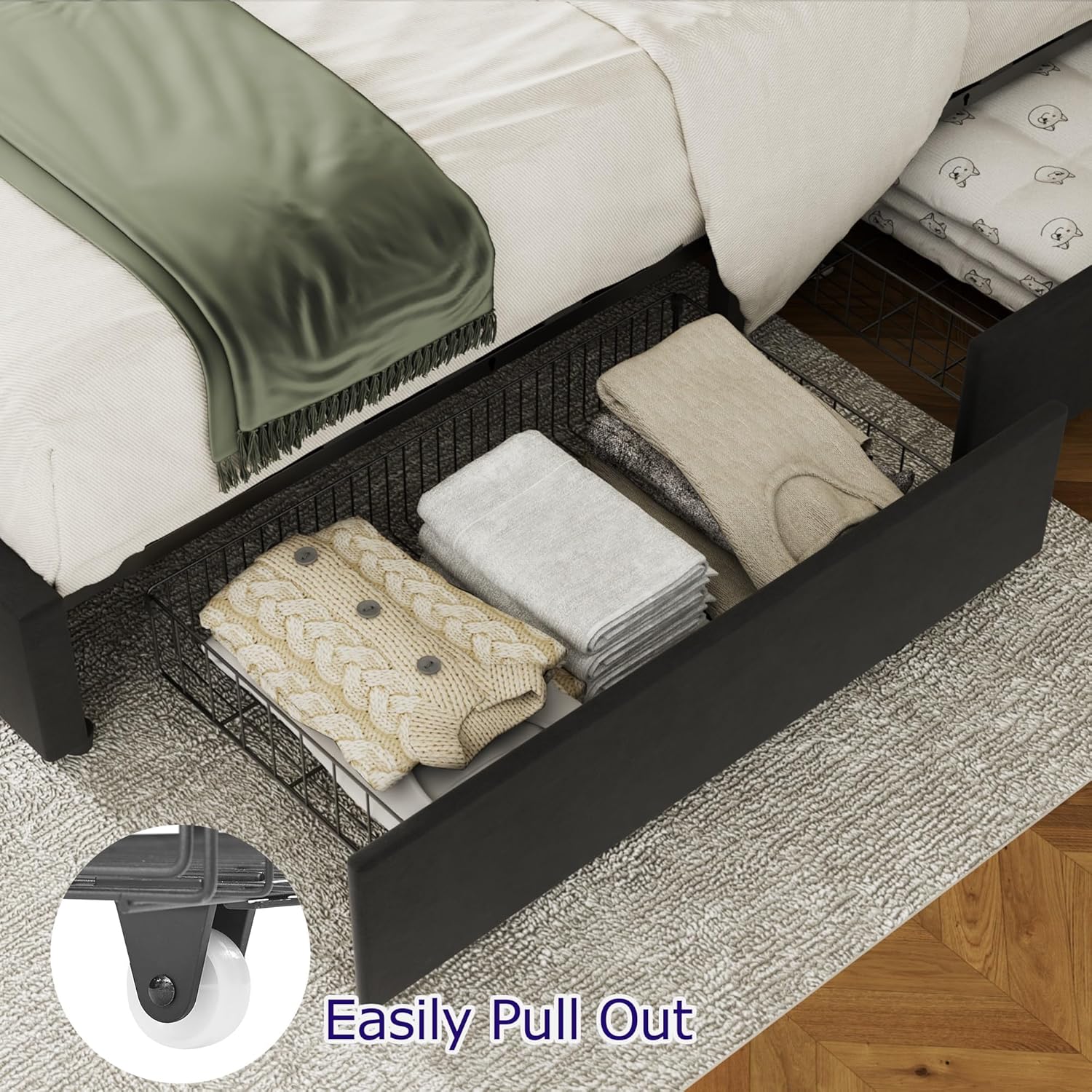VECELO Upholstered Bed Frame with 4 Storage Drawers and Adjustable Velvet Headboard - VECELO