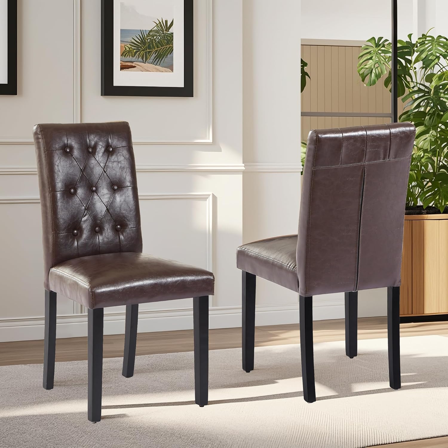 VECELO Upholstered Dining Chairs Set of 2 Button Tufted Back, Padded Seat, Wood Legs with Rubber Footpads - VECELO