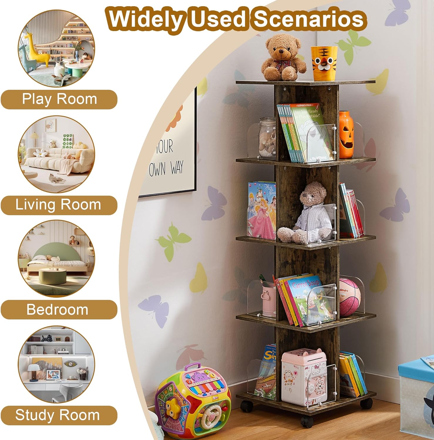 VECELO 4 Tier Rotating Bookshelf Tower,360° Corner Display Shelf with Wheels - VECELO