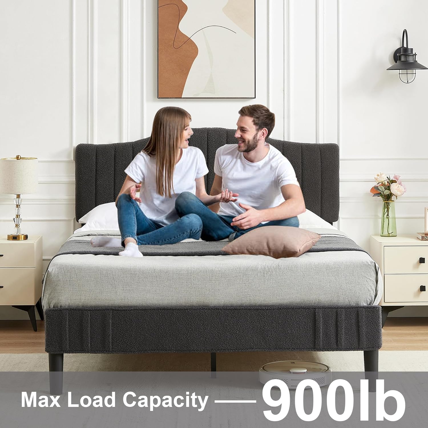 VECELO Upholstered Platform Bed Frame with Sheepskin Fabric Adjustable Headboard/Strong Wood Slats Supports - VECELO