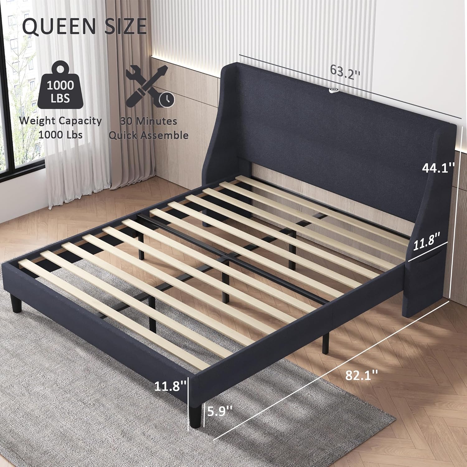 VECELO Bed Frame with Upholstered Wingback Headboard - VECELO