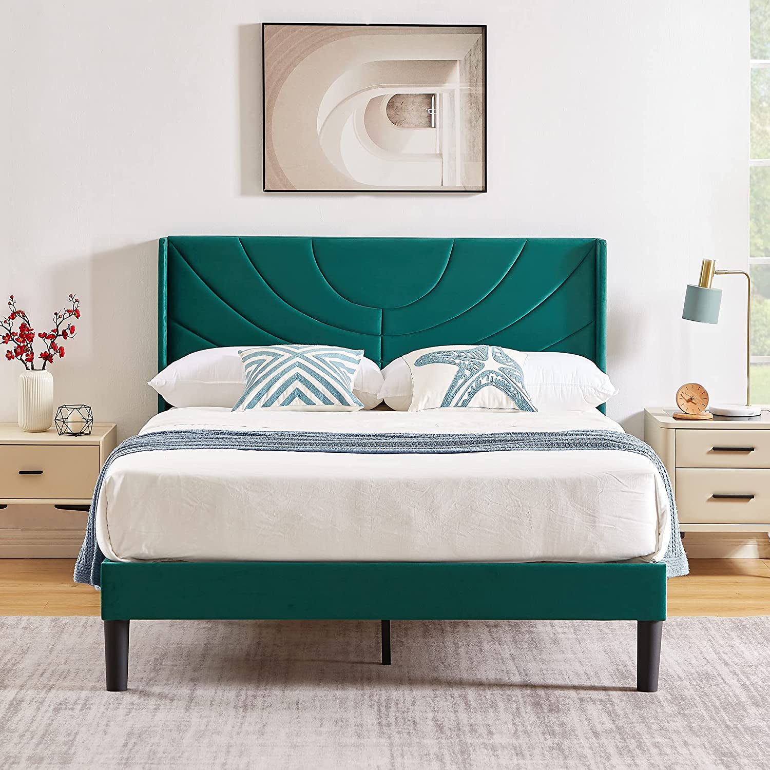 VECELO Upholstered Platform Bed Frame with Adjustable Fabric Headboard - VECELO