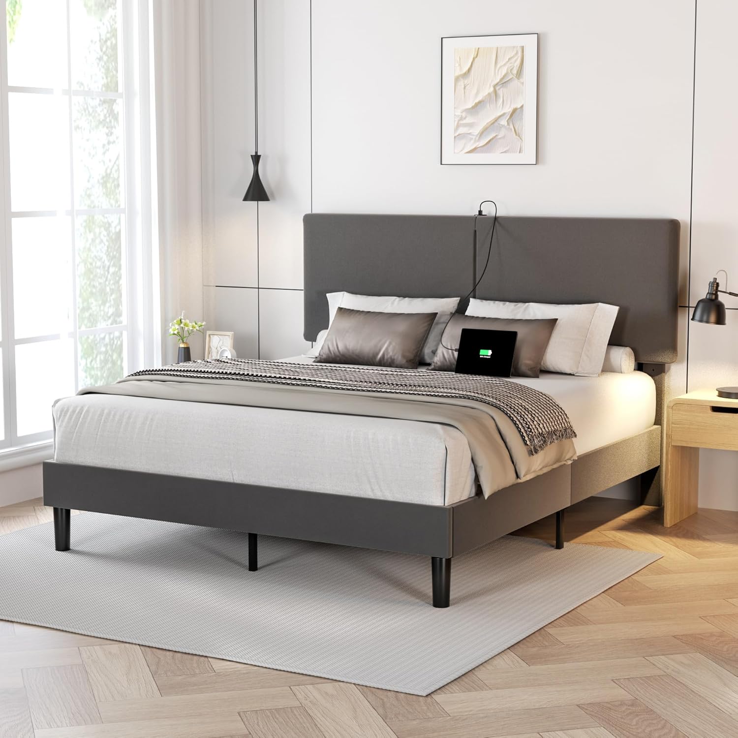 VECELO Twin/Full/Queen Bed Frame Upholstered Platform with Type-C & USB Ports Height-Adjustable Cotton and Linen Headboard - VECELO