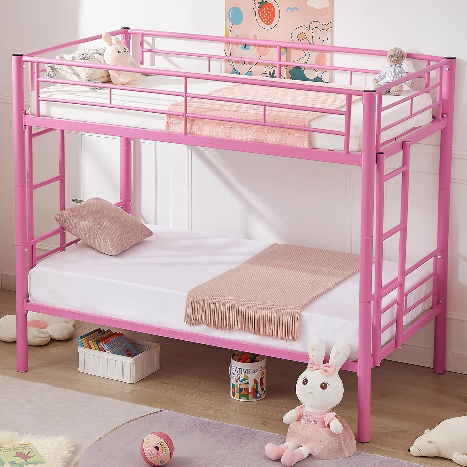 VECELO Metal Bunk Bed Twin Over Twin, Industrial Bunkbeds with Ladder and Full-Length Guardrail - VECELO