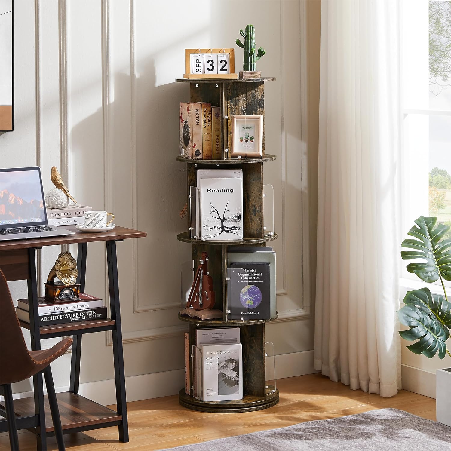 VECELO Rotating Bookshelf with Acrylic Display Window Partition - VECELO