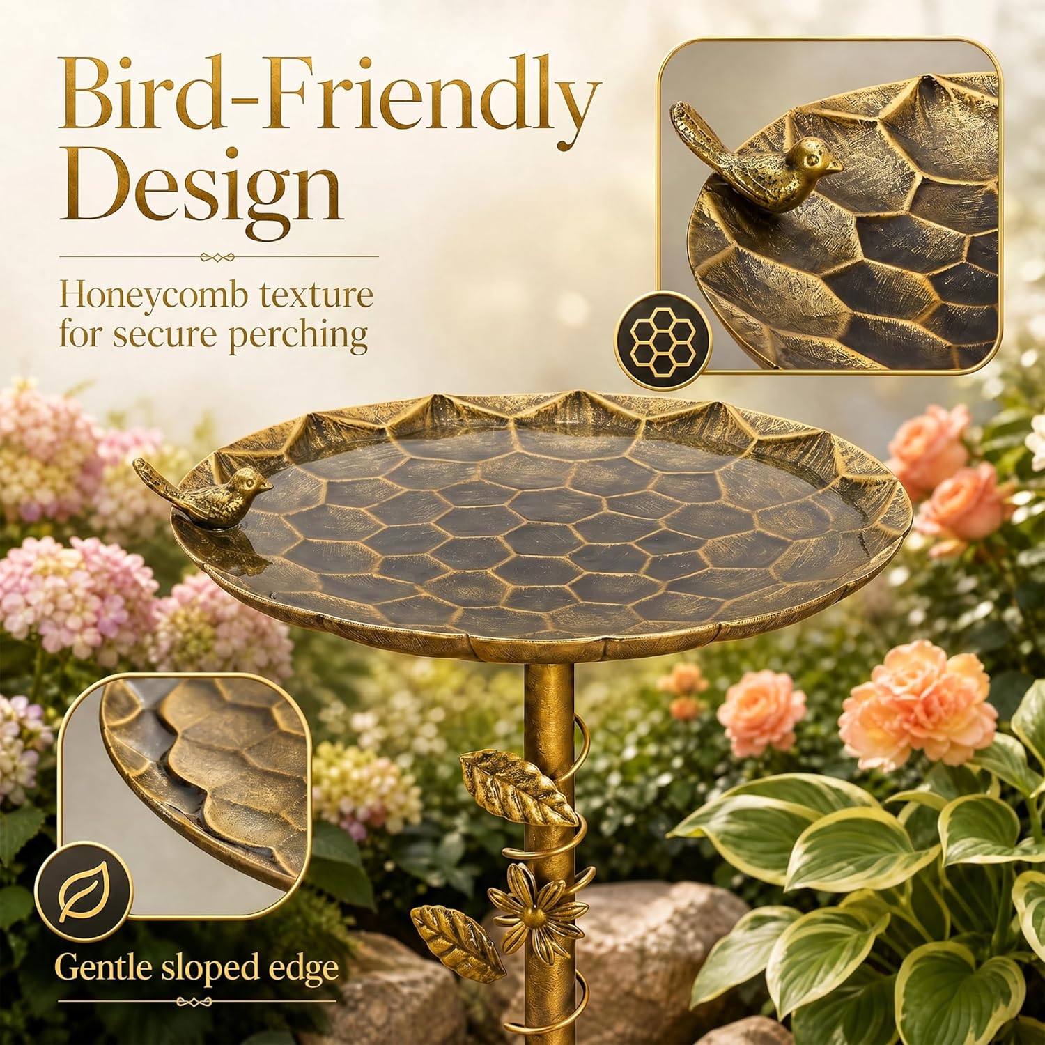 VECELO Antique Gold Metal Bird Bath for Outside