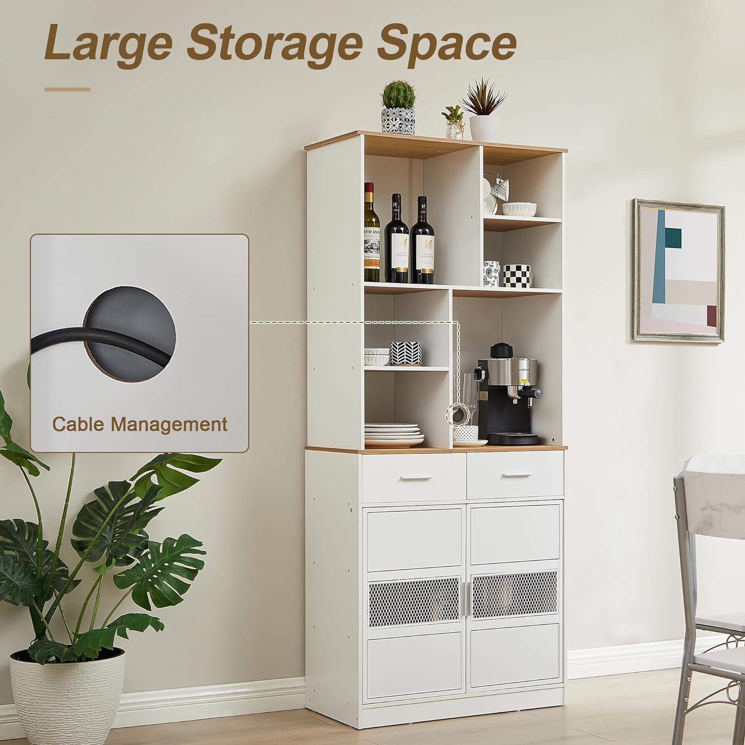 VECELO Floor Storage Cabinet 72" Free Standing Kitchen Pantry Buffet Cupboard with Multi Open Shelves and 2 Drawers - VECELO