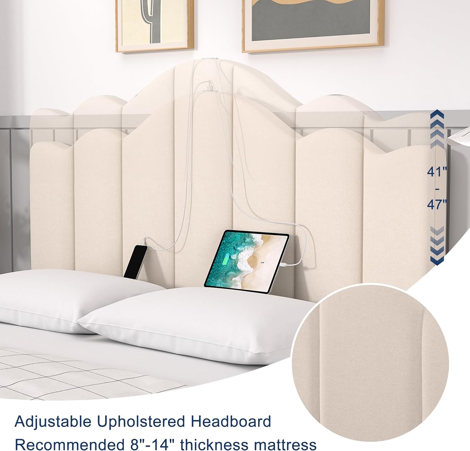 VECELO Upholstered Platform Bed Frame with Type-C & USB Charging Stations - VECELO