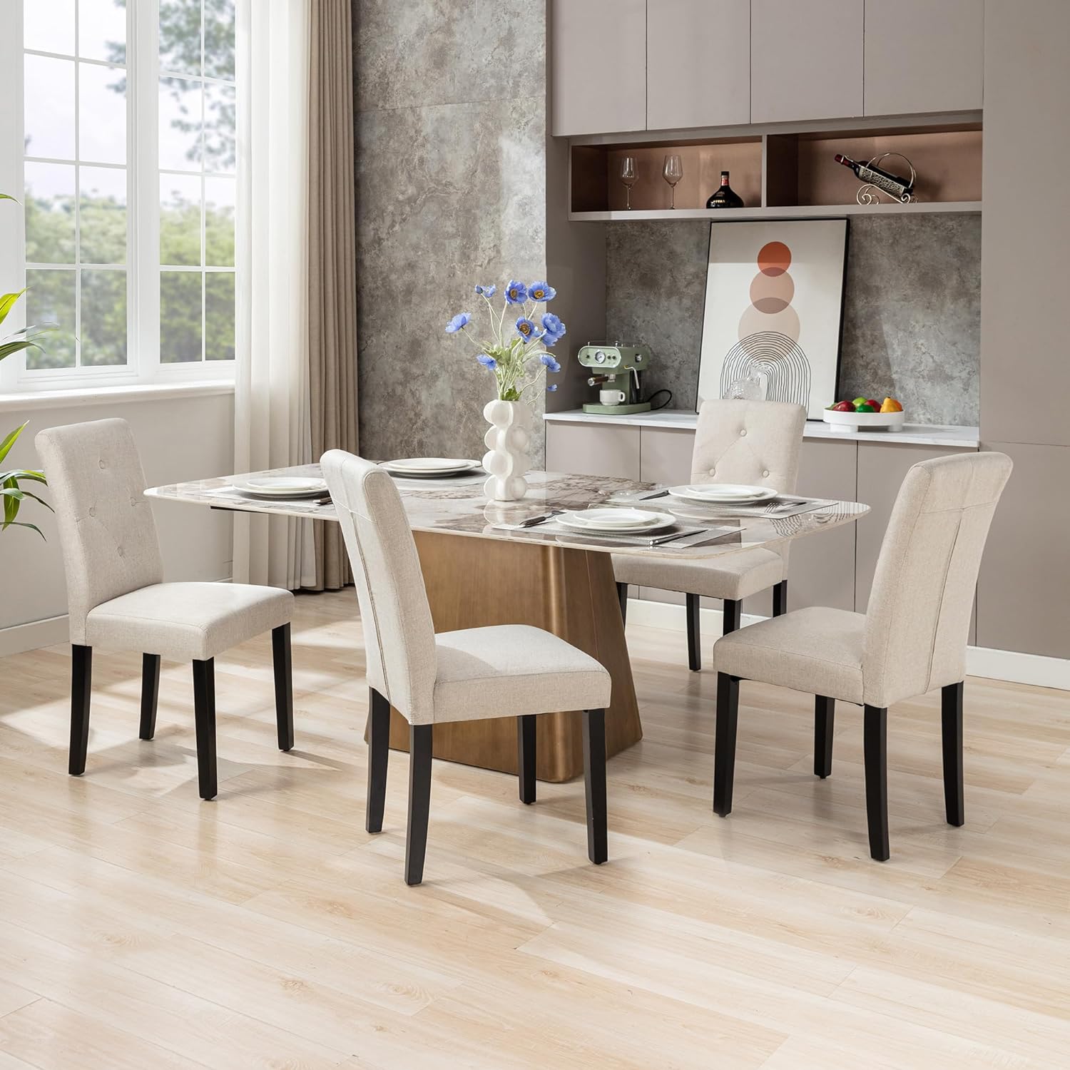 VECELO Upholstered Dining Set of 2 Modern Fabric Dinning Chair with Solid Wood Legs and High Back - VECELO