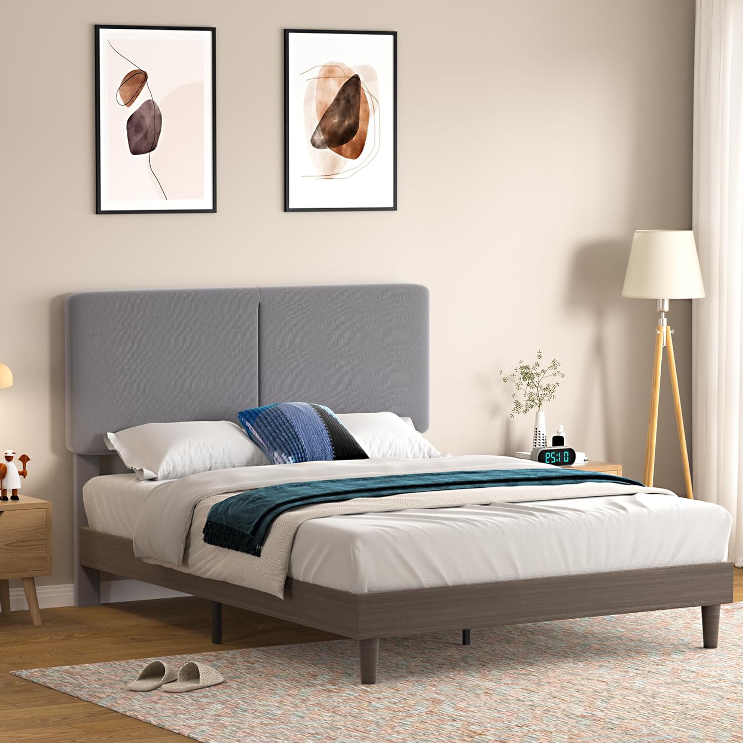 VECELO Upholstered Platform Bed Frame with Height-Adjustable Cotton and Linen Headboard - VECELO