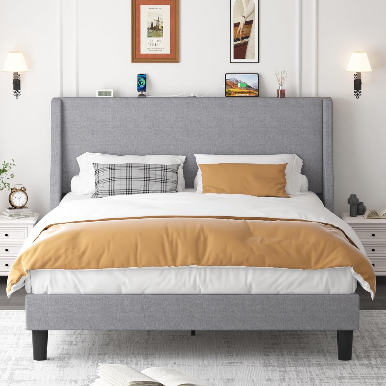 VECELO Bed Frame with Upholstered Wingback Headboard - VECELO