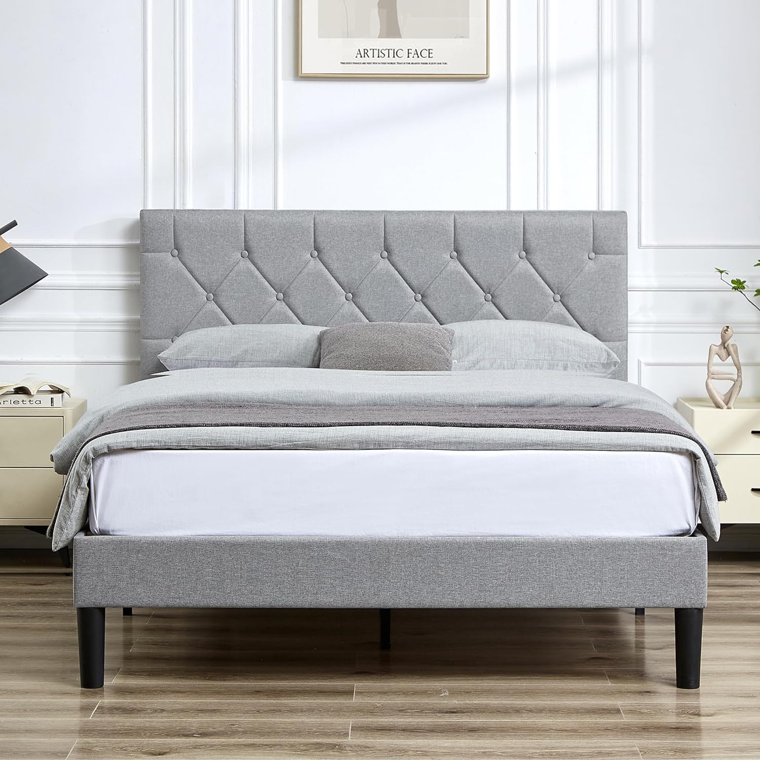 VECELO Bed Frame, Upholstered Platform with Adjustable Diamond Tufted Headboard - VECELO