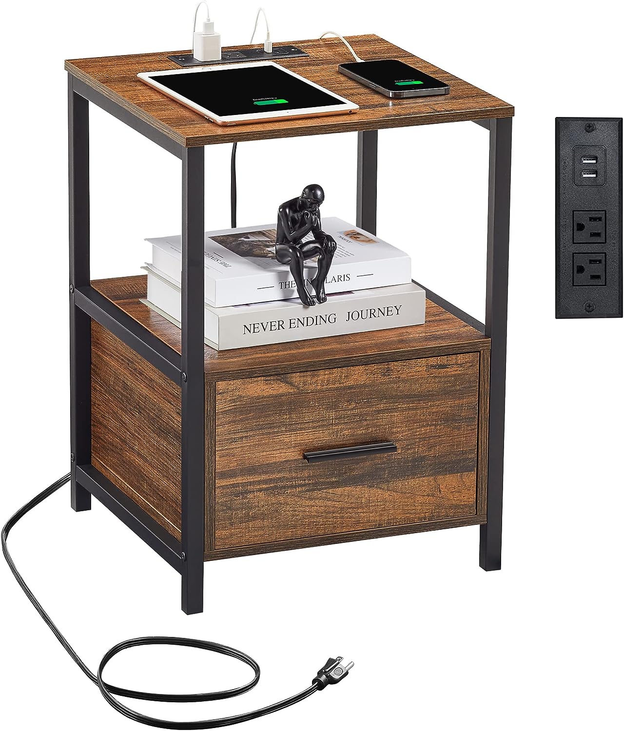 VECELO Modern Nightstand with Charging Station and USB Ports End Side Table - VECELO