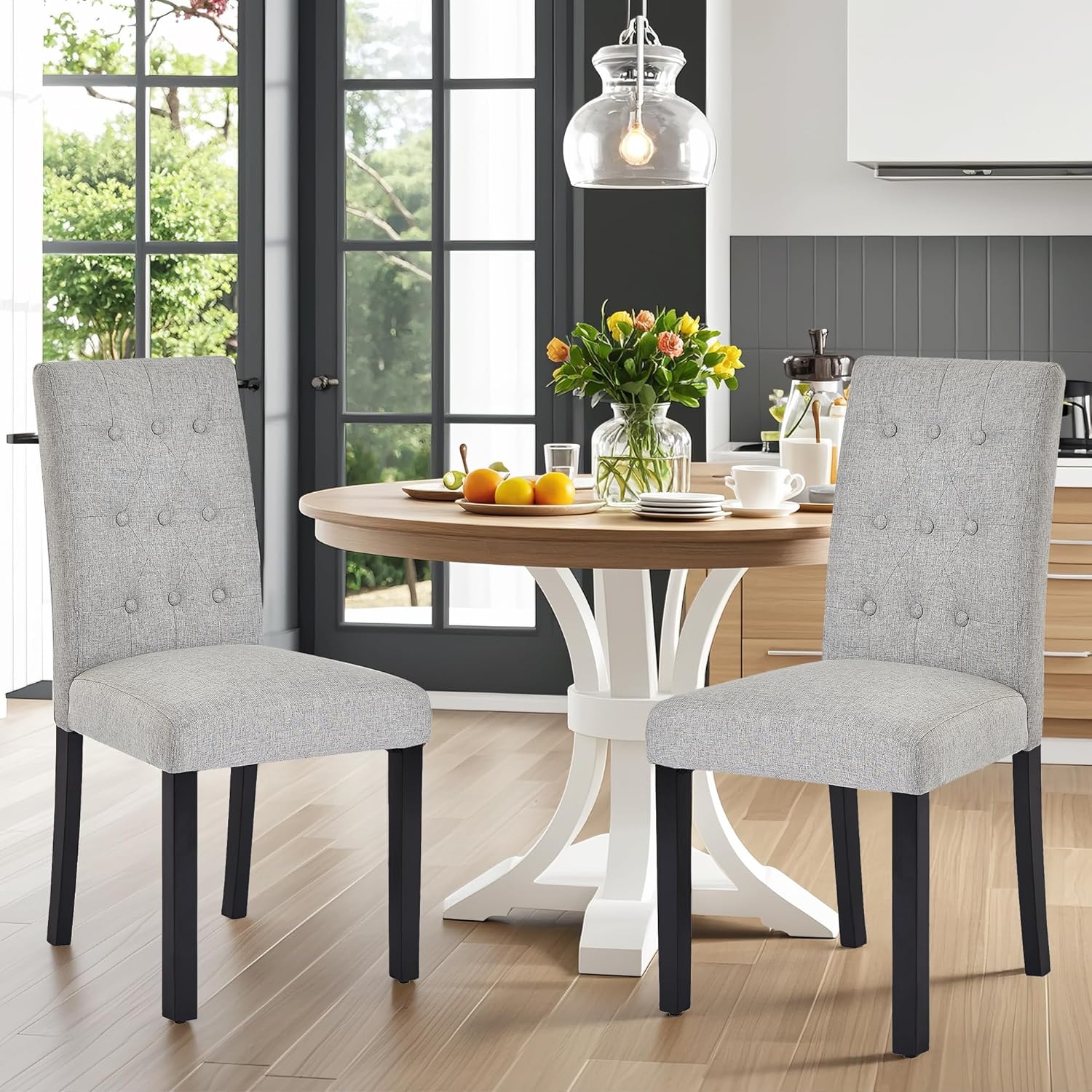 VECELO Upholstered Dining Chairs Set of 2 Button Tufted Back, Padded Seat, Wood Legs with Rubber Footpads - VECELO