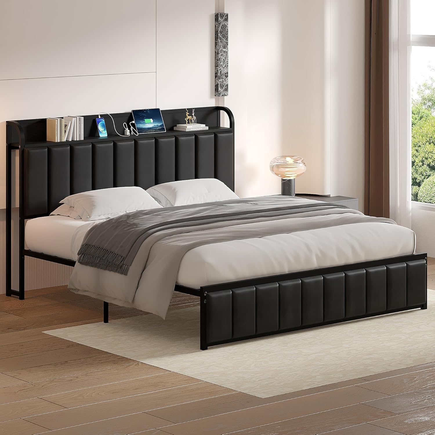 VECELO Twin Bed Frame, Storage Upholstered Headboard with Charging Station - VECELO
