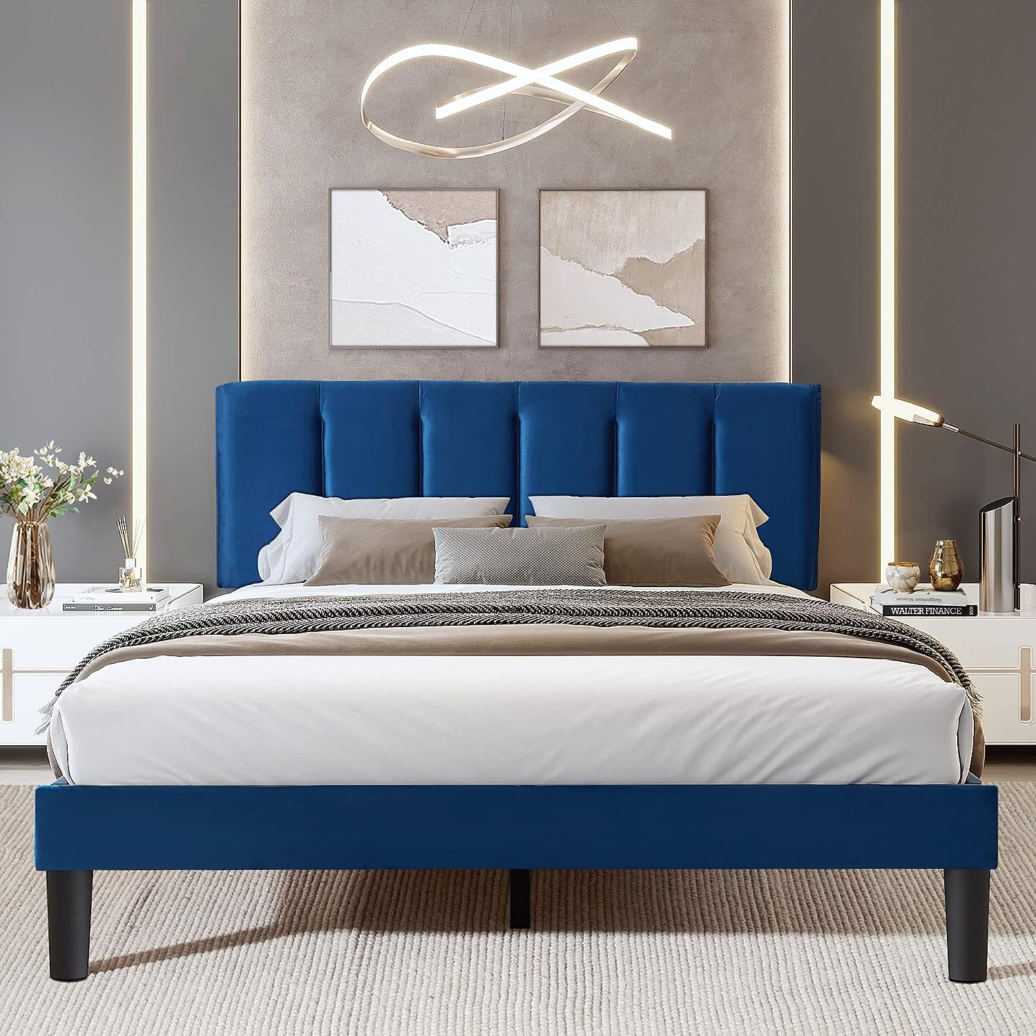 VECELO Modern Upholstered Platform Bedframe, Adjustable Headboard - VECELO