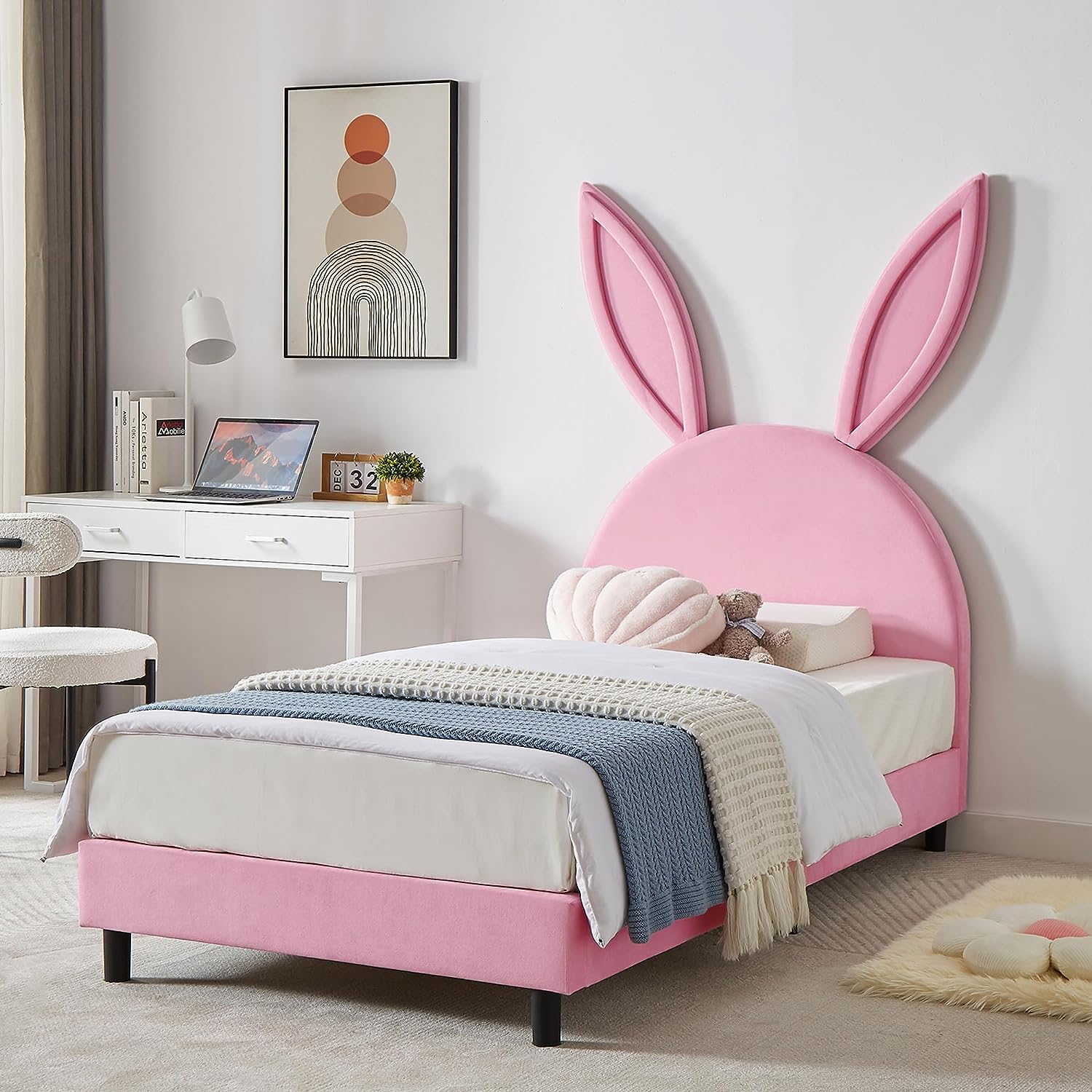 VECELO Kids Twin Bed Frame with Upholstered Headboard - VECELO