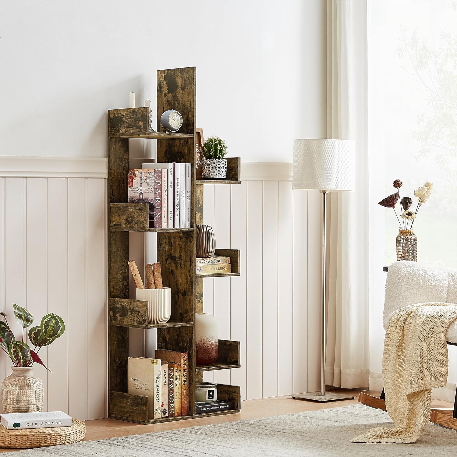 VECELO Tree Bookshelf, Geometric 8 Shelf Tree Bookcase Wood Bookshelves Display - VECELO
