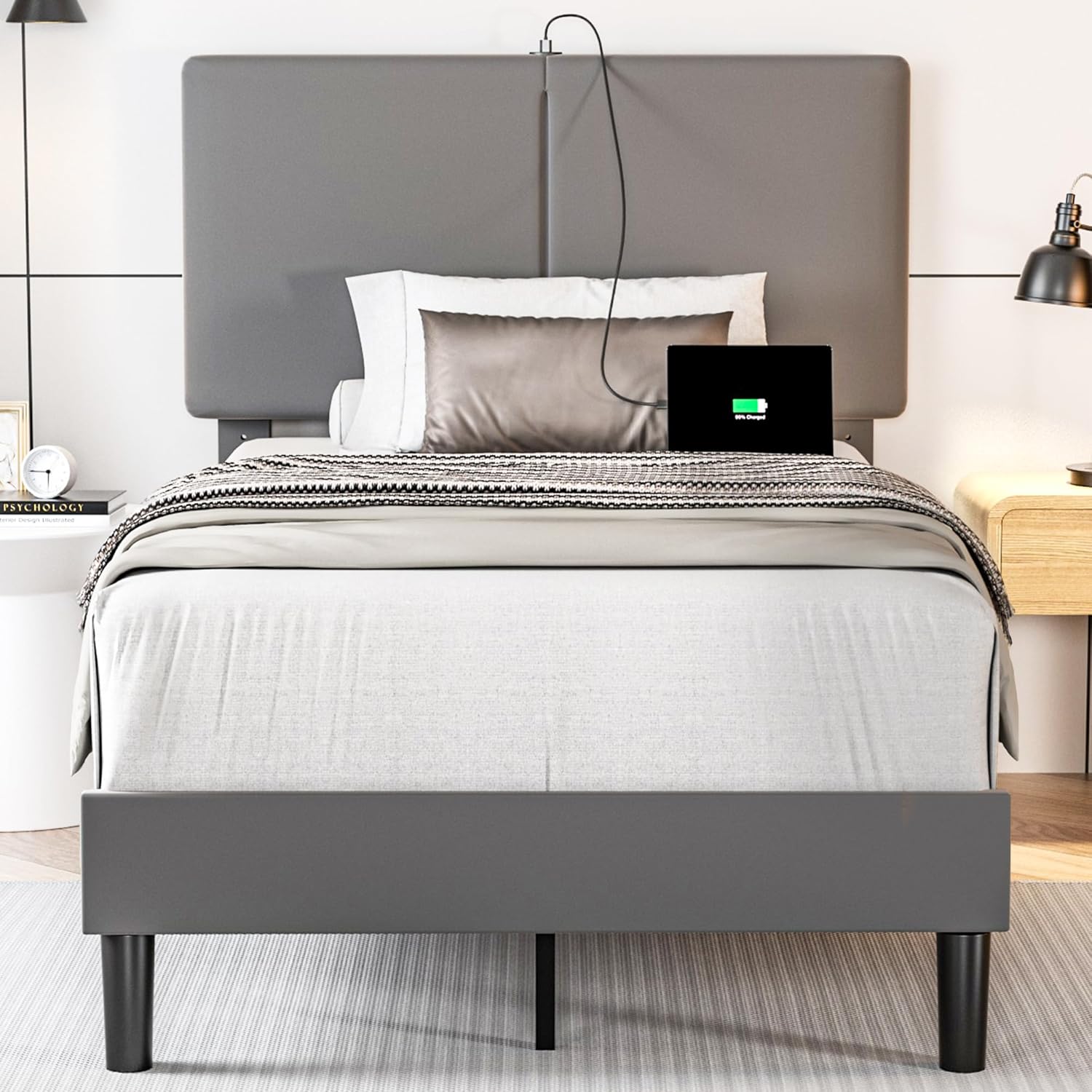 VECELO Twin/Full/Queen Bed Frame Upholstered Platform with Type-C & USB Ports Height-Adjustable Cotton and Linen Headboard - VECELO