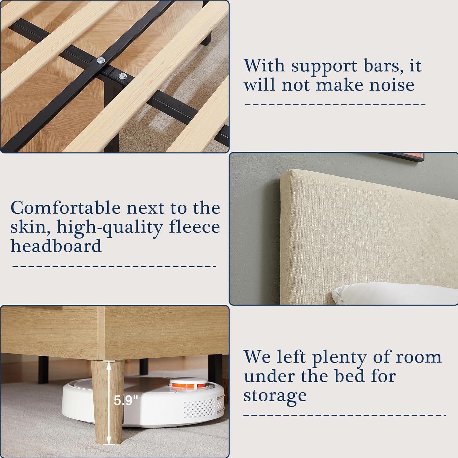 VECELO Upholstered Platform Bed Frame with Height-Adjustable Cotton and Linen Headboard - VECELO