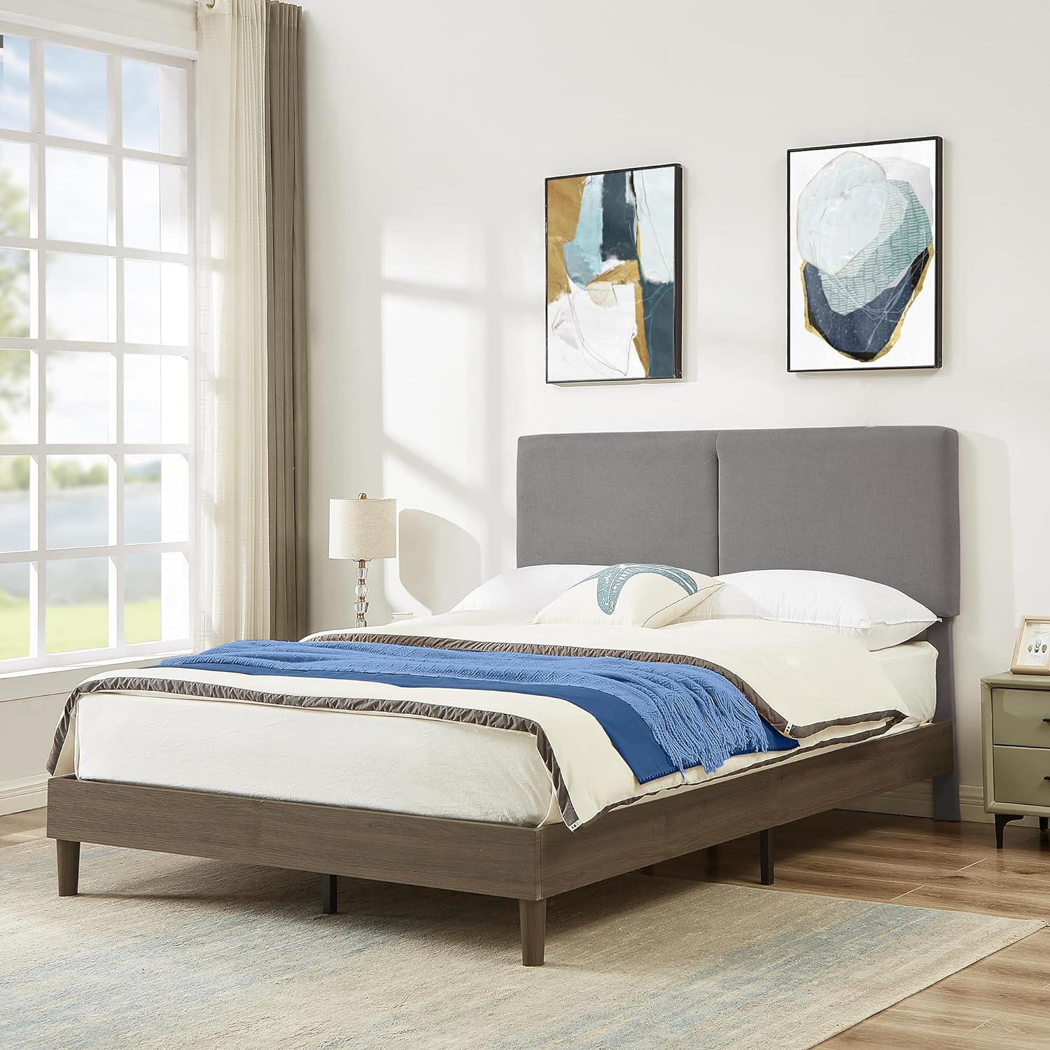 VECELO Upholstered Platform Bed Frame with Height-Adjustable Cotton and Linen Headboard - VECELO