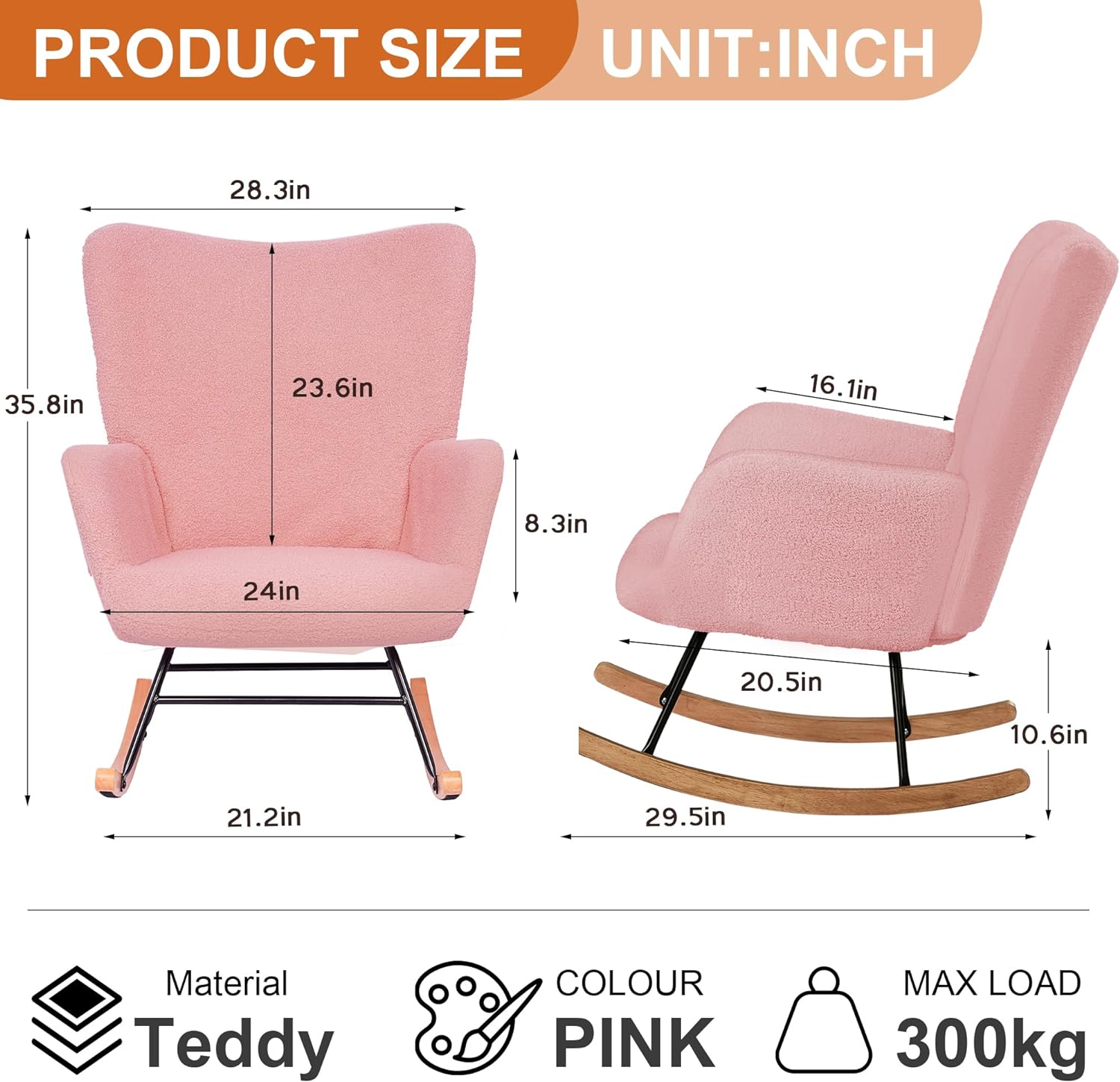 VECELO Rocking Chair, Modern Upholstered Teddy Fabric Nursery Glider - VECELO