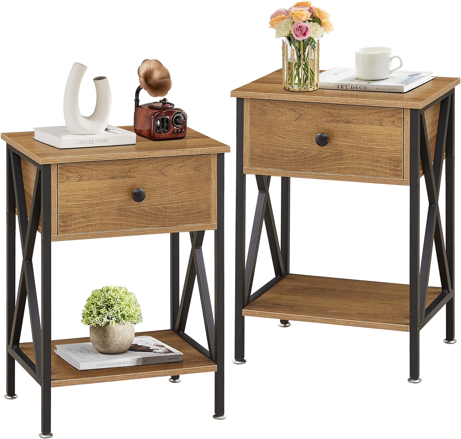 Versatile Nightstands X-Design Side End Table with Bin Drawer