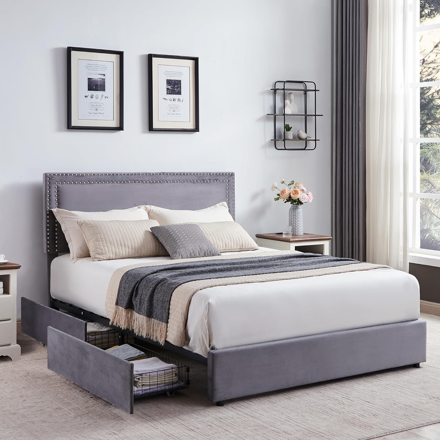 VECELO Upholstered Platform Bed Frame Platform with 4 Storage Drawers - VECELO