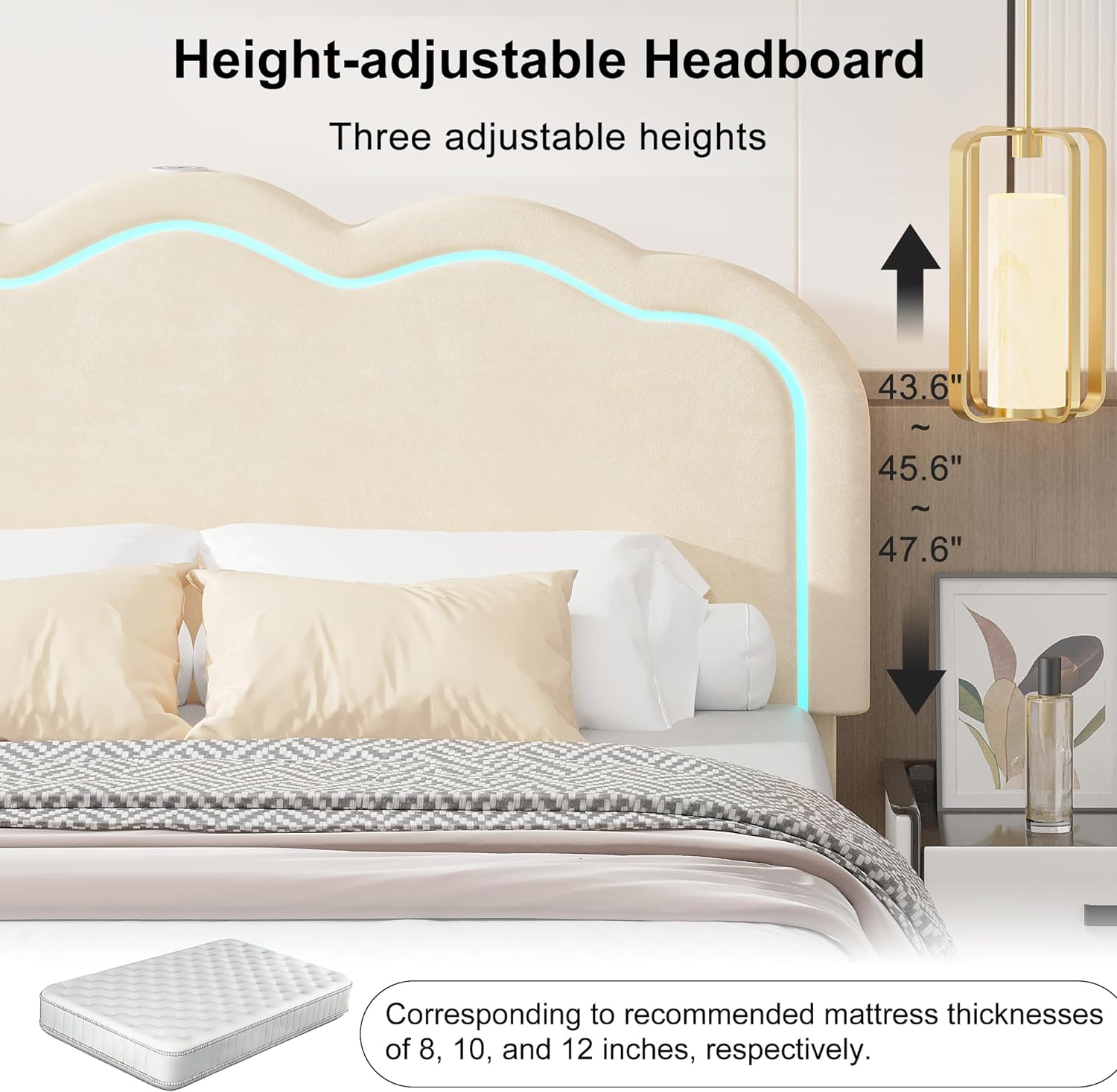 VECELO Upholstered Velvet Platform Bed Frame with Headboard Adjustable, LED Lights, USB-A & Type-C - VECELO