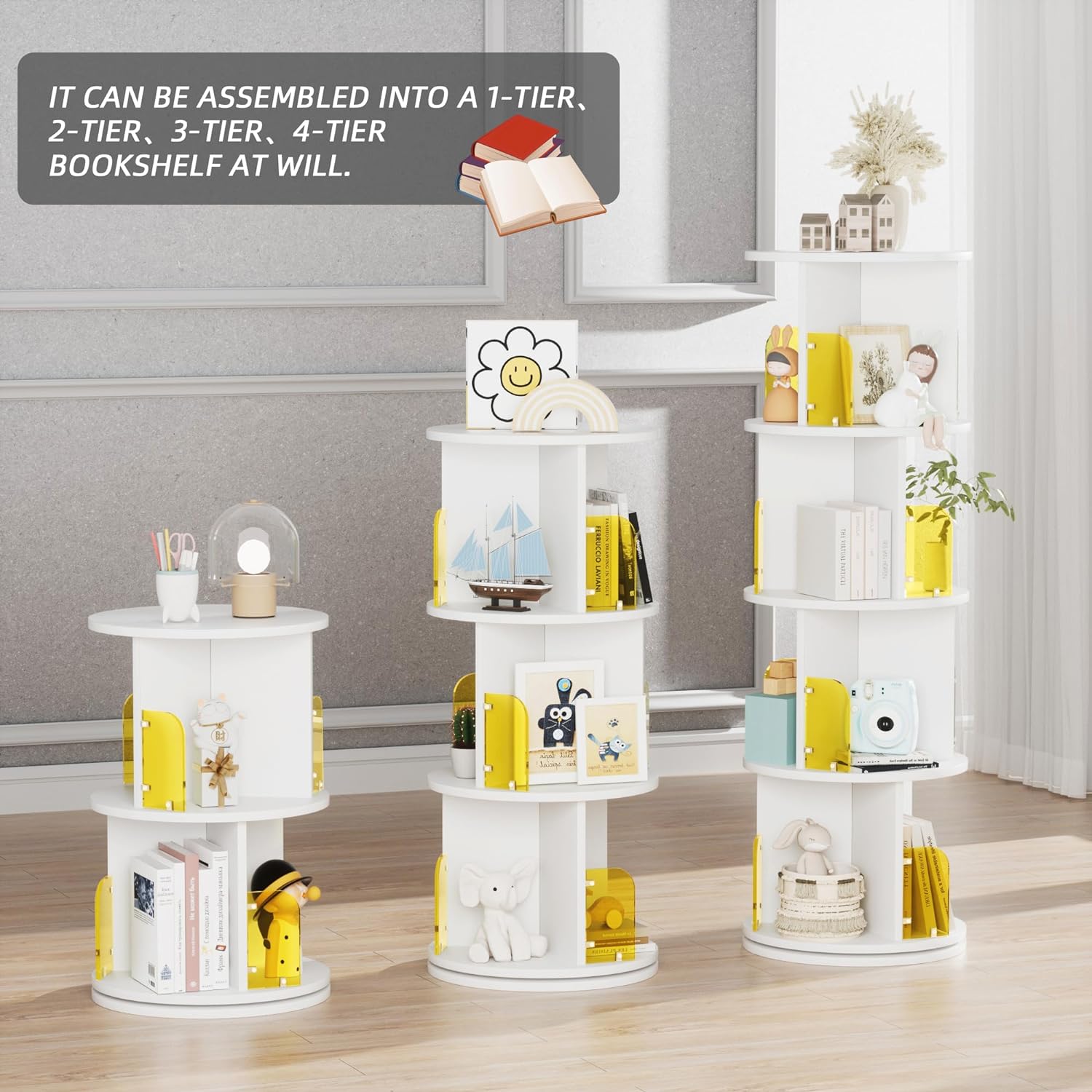 VECELO Rotating Bookshelf with Acrylic Display Window Partition - VECELO