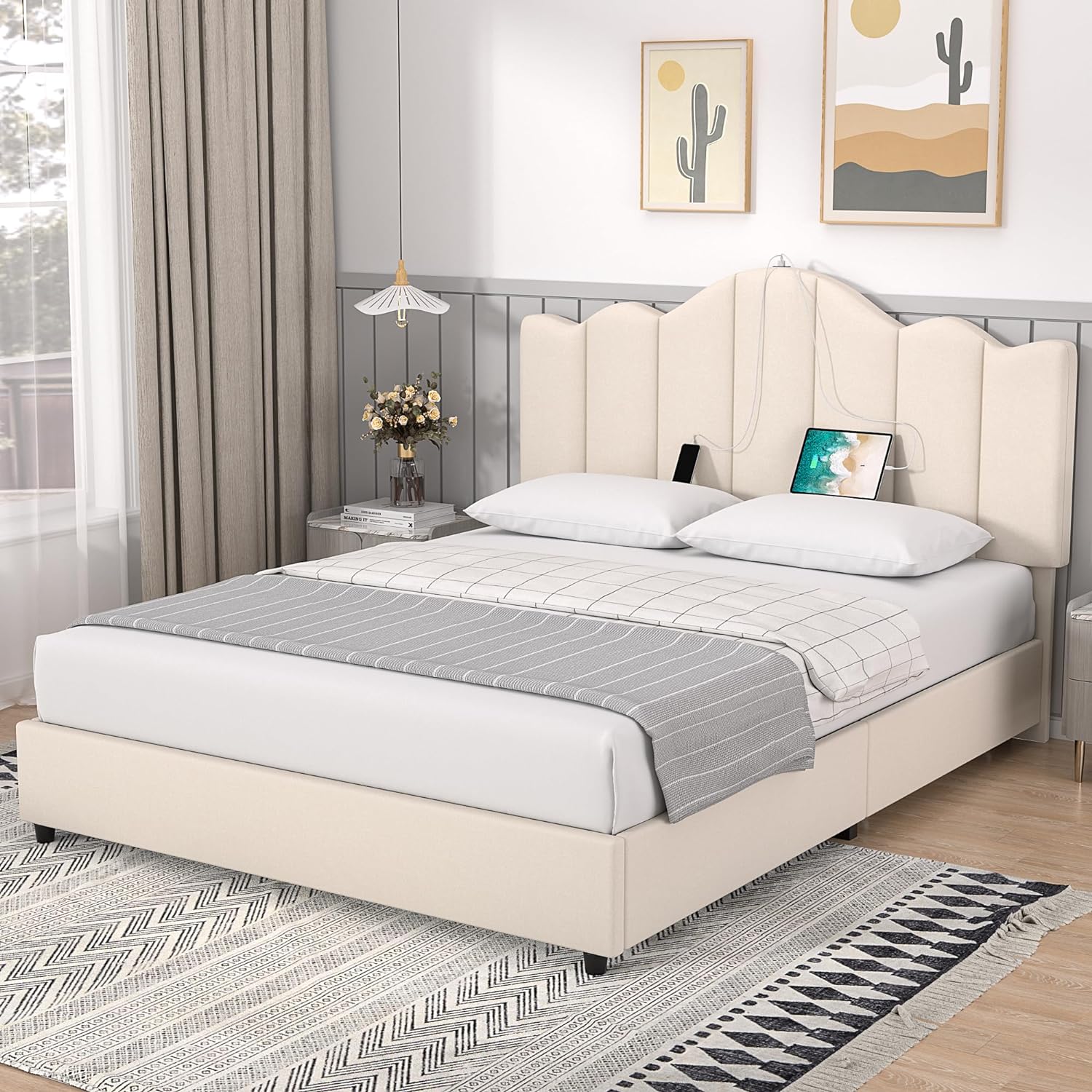 VECELO Upholstered Platform Bed Frame with Type-C & USB Charging Stations - VECELO