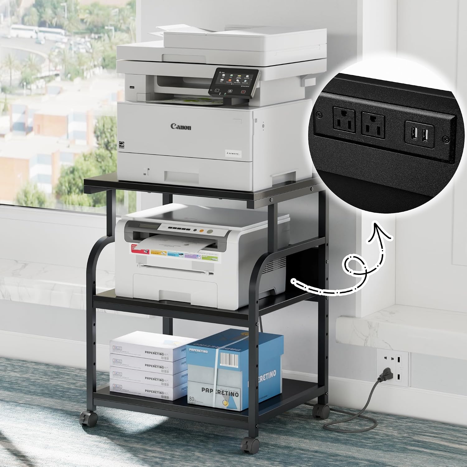 VECELO Adjustable Large Printer Stand with Power Outlet, 3-Tier Heavy Duty Cart on Lockable Wheels