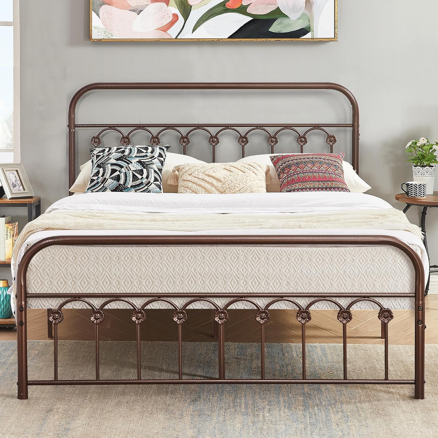 VECELO Metal Bed Frame/Mattress Foundation with Vintage Flower Headboard & Footboard - VECELO