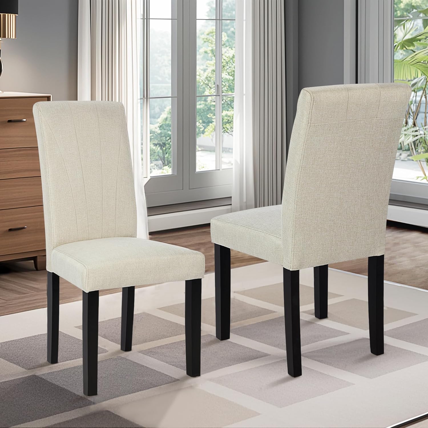 VECELO Set of 2 Upholstered Dining Chairs, Modern Fabric and Solid Wood Legs & High Back - VECELO