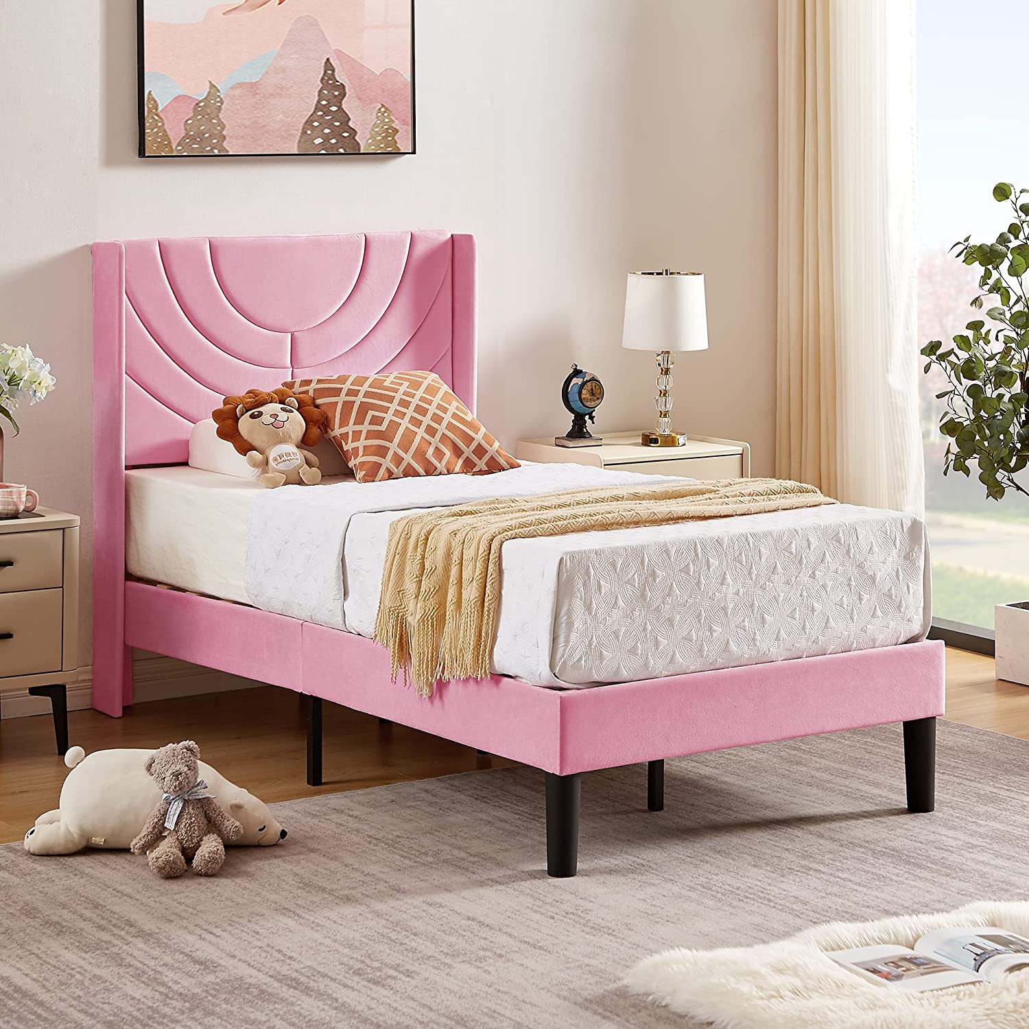 VECELO Upholstered Platform Bed Frame with Adjustable Fabric Headboard - VECELO