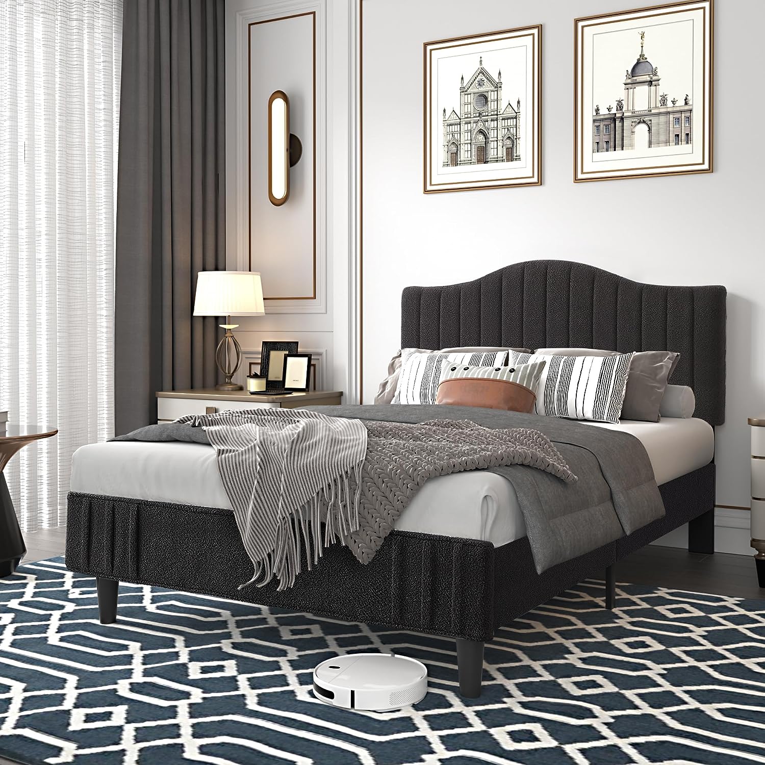 VECELO Upholstered Platform Bed Frame with Sheepskin Fabric Adjustable Headboard/Strong Wood Slats Supports - VECELO