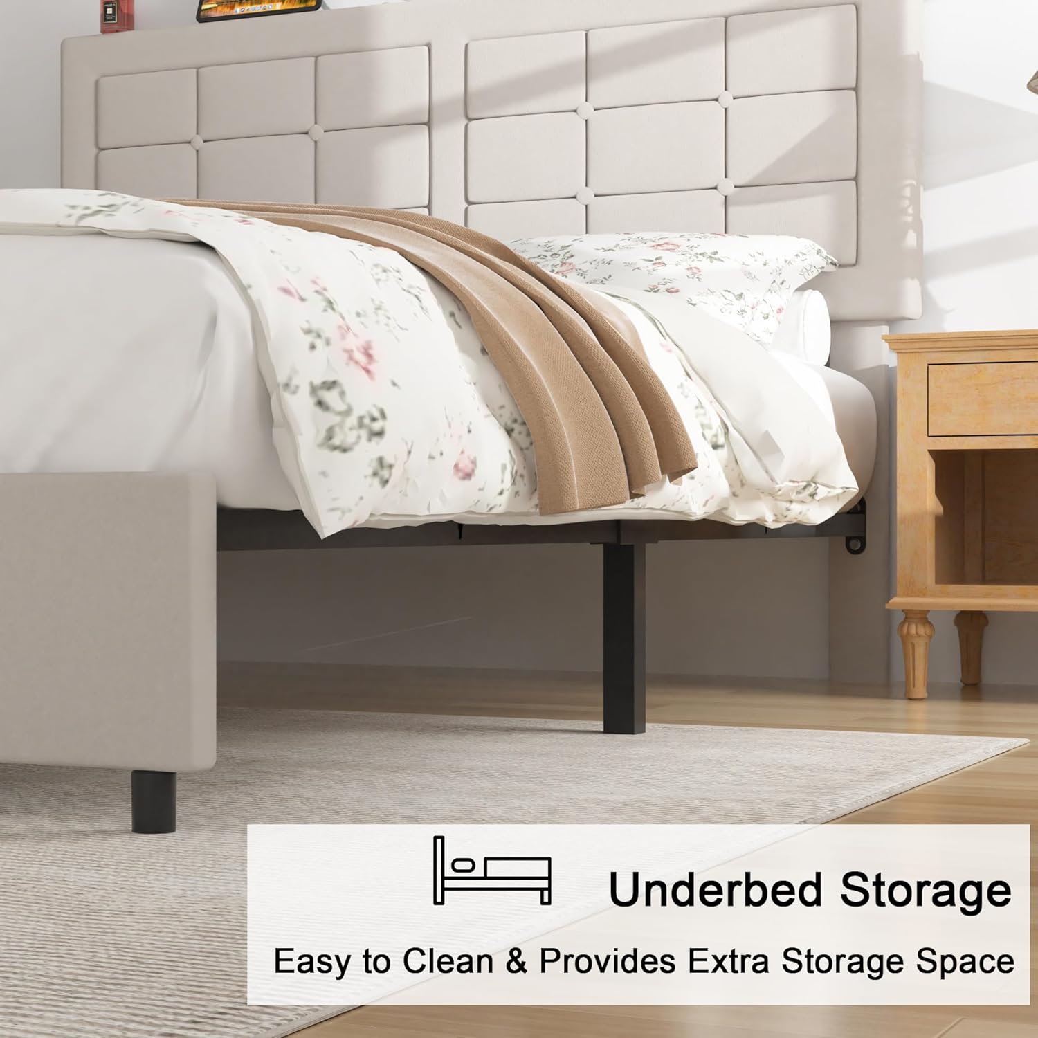 VECELO Bed Frame with 4 Drawers, Adjustable Tufted Button Headboard - VECELO