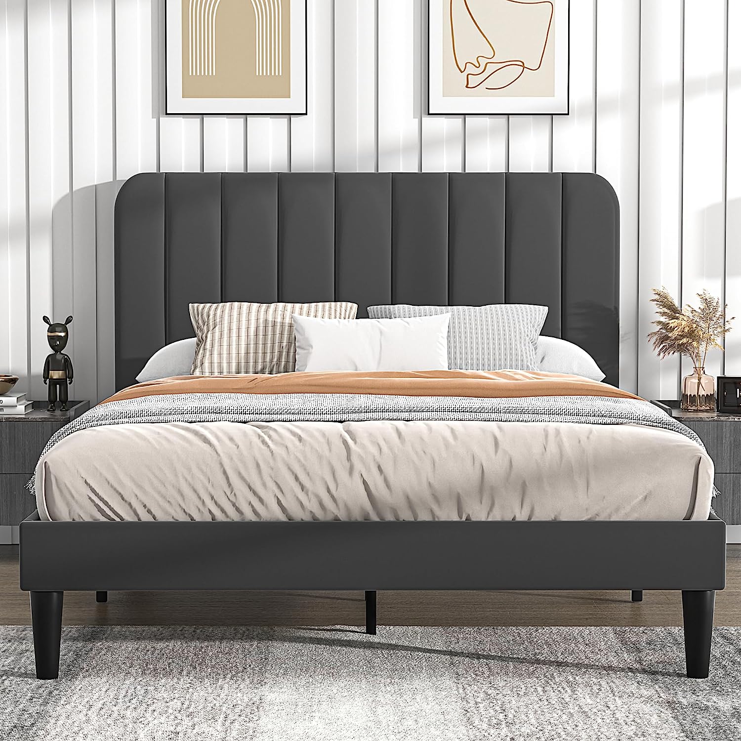 VECELO Upholstered Platform bedframe with Adjustable Headboard - VECELO