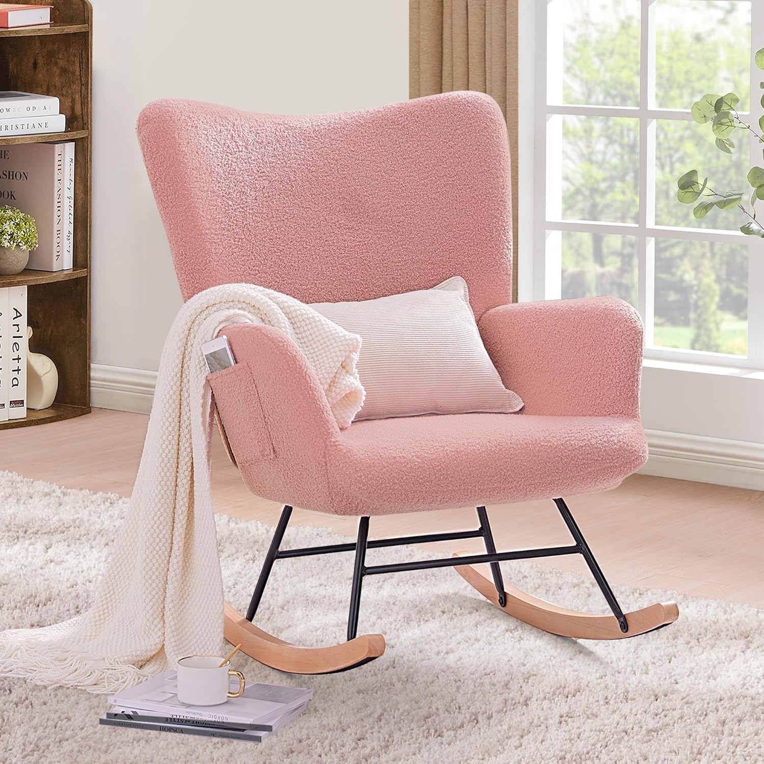 VECELO Rocking Chair, Modern Upholstered Teddy Fabric Nursery Glider - VECELO