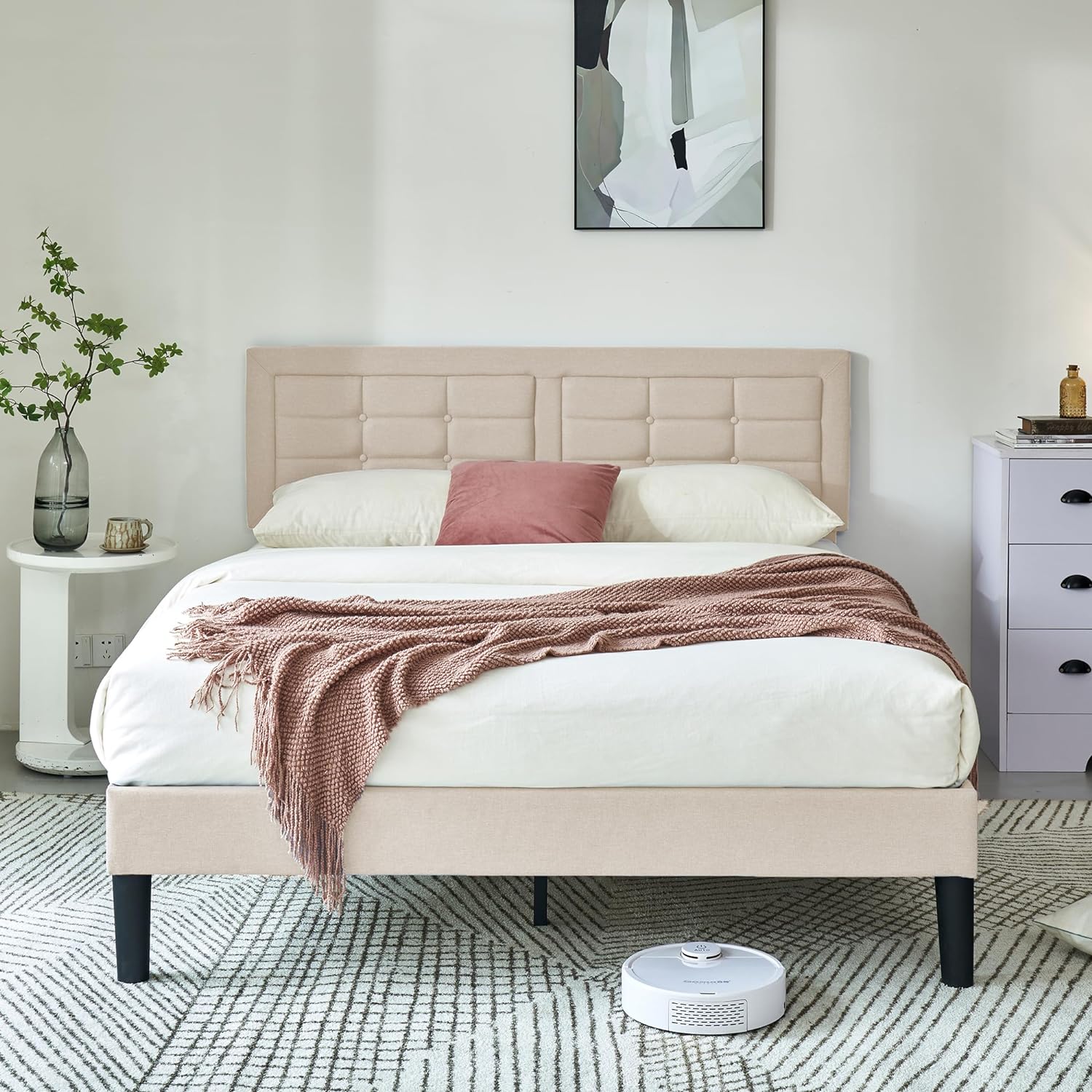 VECELO Upholstered Platform Bed Frame with Height Adjustable Headboard - VECELO