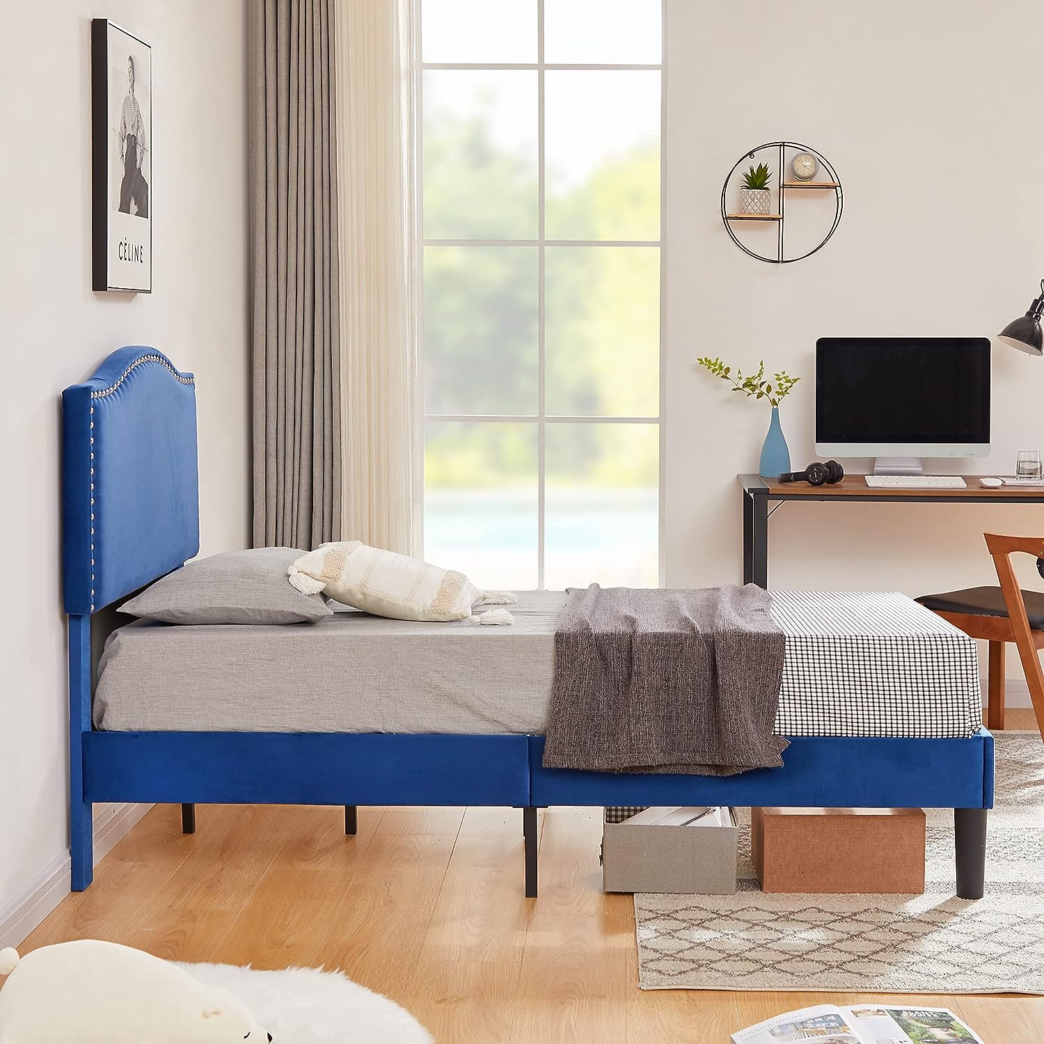 VECELO Bed Frame Platform with Upholstered Headboard & Wooden Slats Support - VECELO