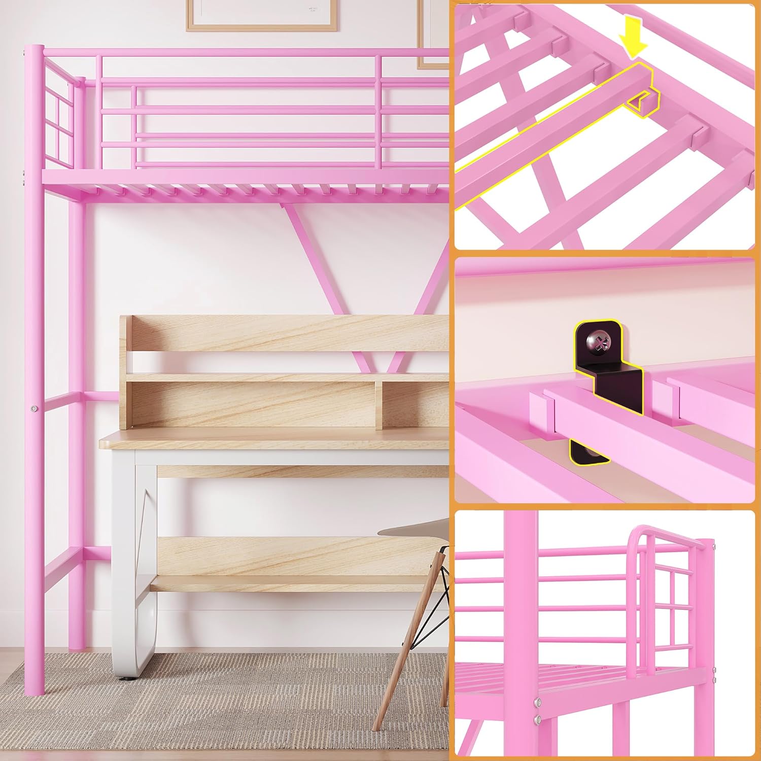VECELO Metal Loft Bed Twin Size - VECELO